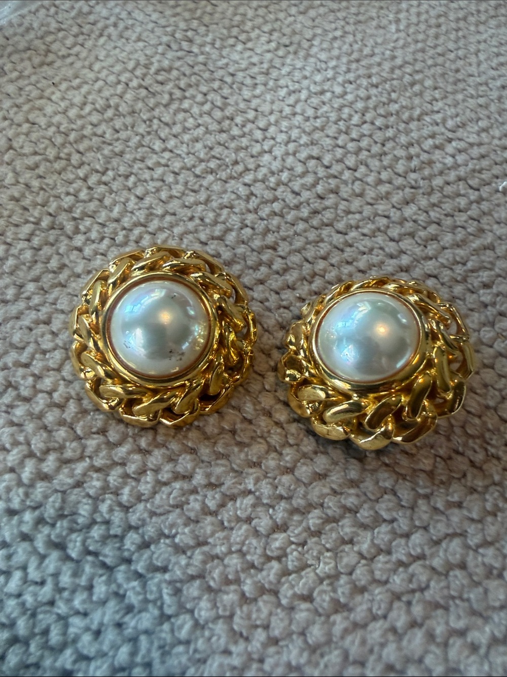 Vintage Celine Gold-Tone Pearl Center Clip-On Earrings - Classic Women's Jewelry